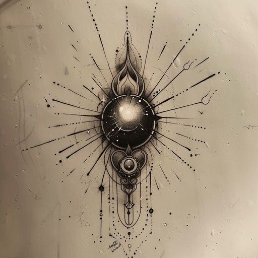 Flat tattoo sketch of a black pearl with a shimmering aura and mystic symbols