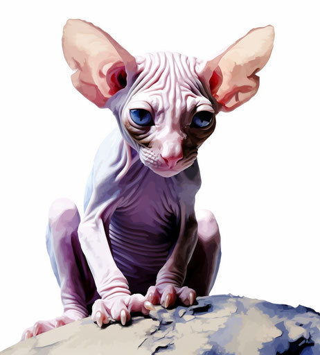Sphinx kitten sitting on white background, light purple and dark crimson style