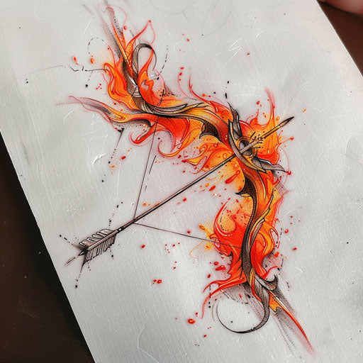 Bow and arrow tattoo sketch in fiery design