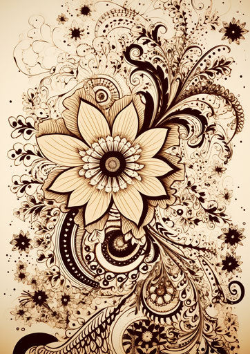Indian style henna design, floral explosion, sepia tone