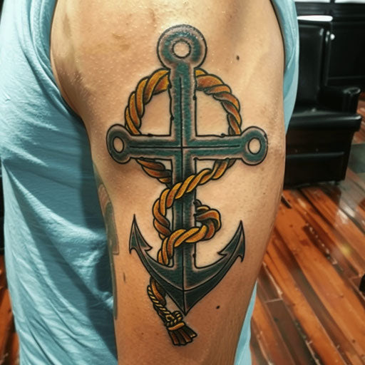 Classic nautical cross tattoo with anchors and ropes