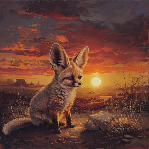 Fennec fox in a desert landscape at sunset
