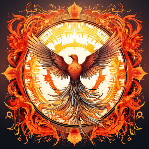 Mandala with phoenix and sun, hand-drawn style