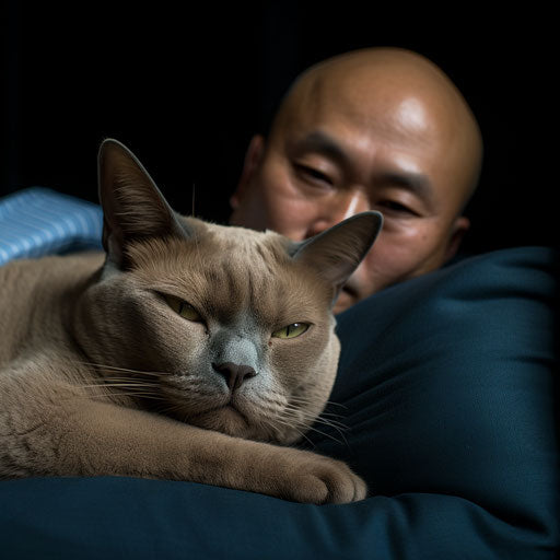Burmese cat sleeping on a couch with its owner