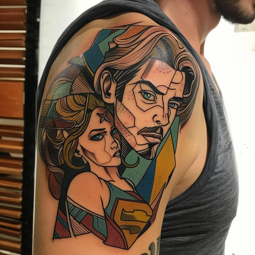 Father daughter tattoos with comic book style, in the manner of Humberto Ramos