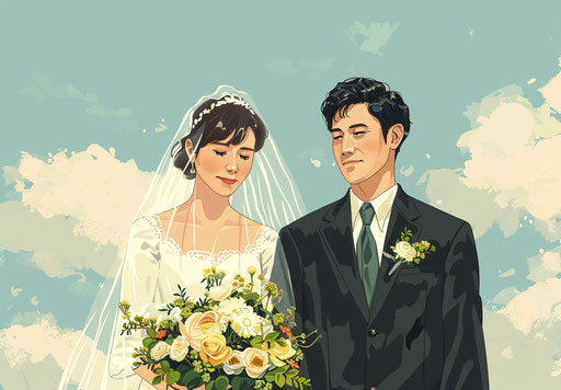 Illustration of groom and bride, tokujin yoshioka style, loose gestures