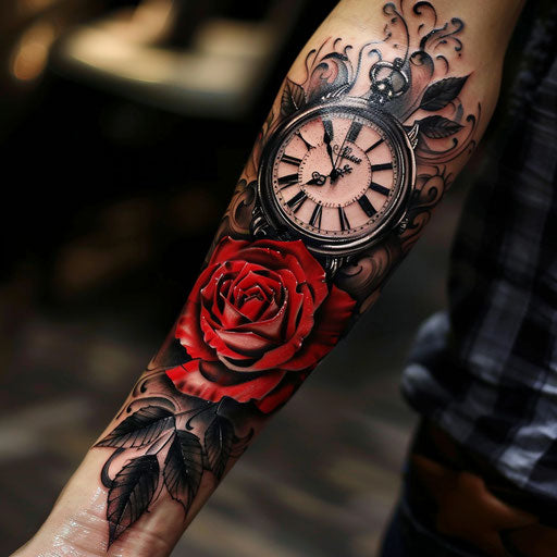 Meaningful tattoos for men with a rose and clock on the forearm
