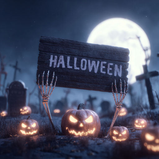 Spooky Halloween Scene with Skull and Jack-o'-Lanterns