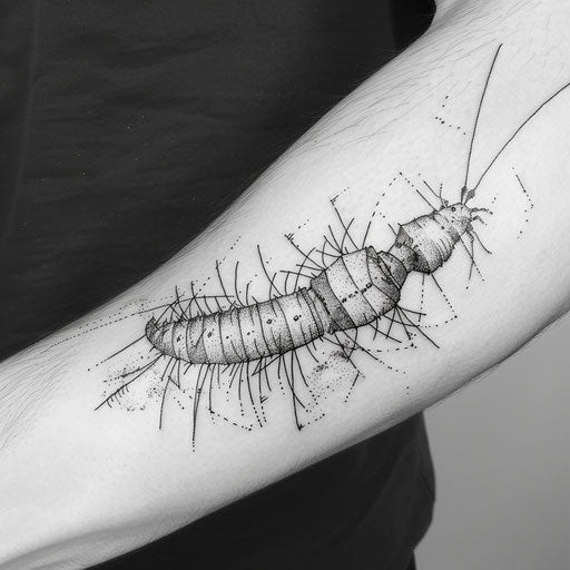Geometric centipede tattoo with angles and lines on white background