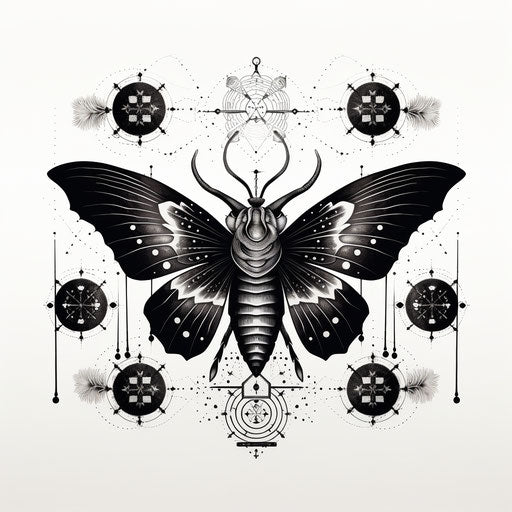 Geometry-inspired mystic moth symbol in black and white