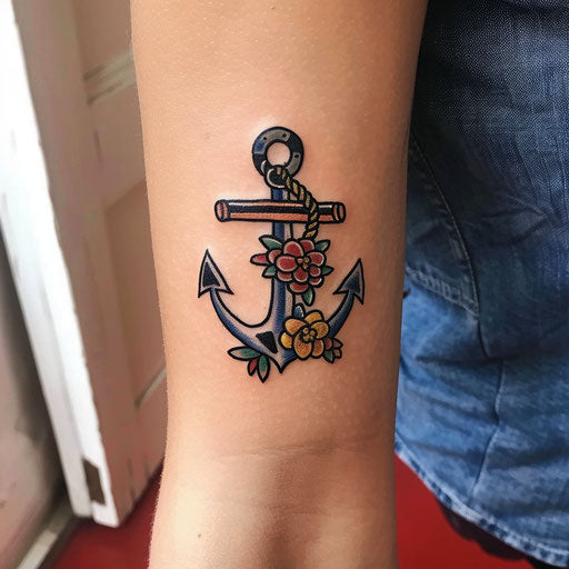 Adorable small tattoos in the style of Sailor Jerry featuring an anchor