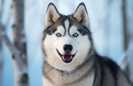 Smiling dog portrait in blue and silver