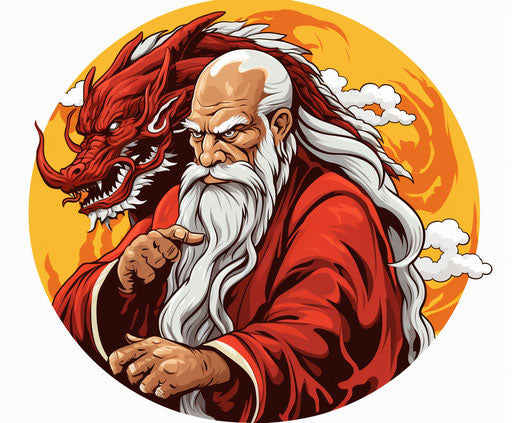 Dragon behind a monk, red and silver Chinese painting