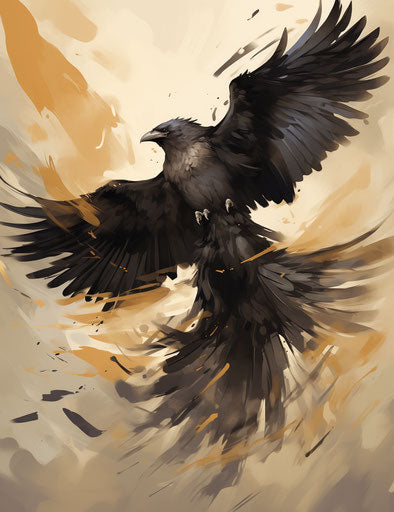 Raven and crow with black wings on beige background