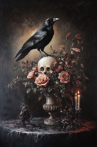 Gothic art, crow on skull with flowers in vase with candles
