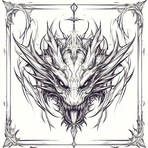 Flat tribal dragon tattoo sketch with dragon head framed by tribal lines