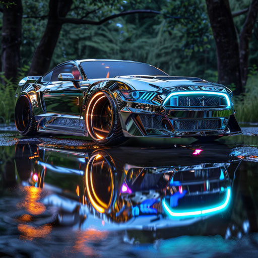 Futuristic Ford Mustang GT Shelby Classic with reflective surfaces and hover capability