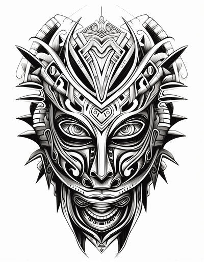 Old tribal tattoo design in black and white, afrofuturism-inspired
