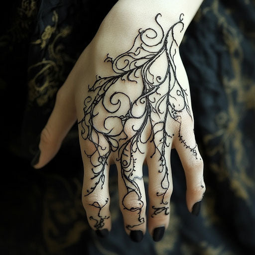 Henna hand tattoo with elven motifs and flowing lines