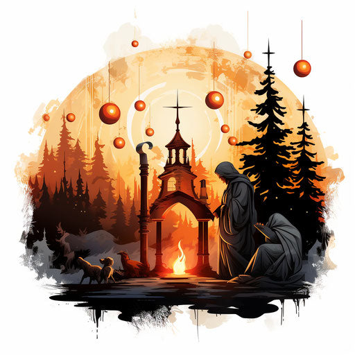 Adventure illustration in the style of Chiaroscuro Art, on white background