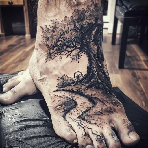 Foot tattoos in the style of Peter Jackson with hobbit footprints