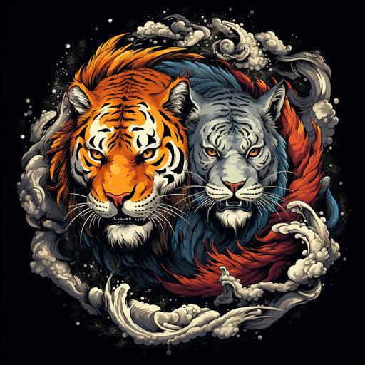 Two Chinese tigers and dragon in contrasting colors style