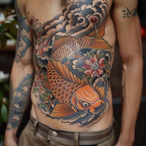 Men's stomach tattoos of a koi fish, Ed Hardy style