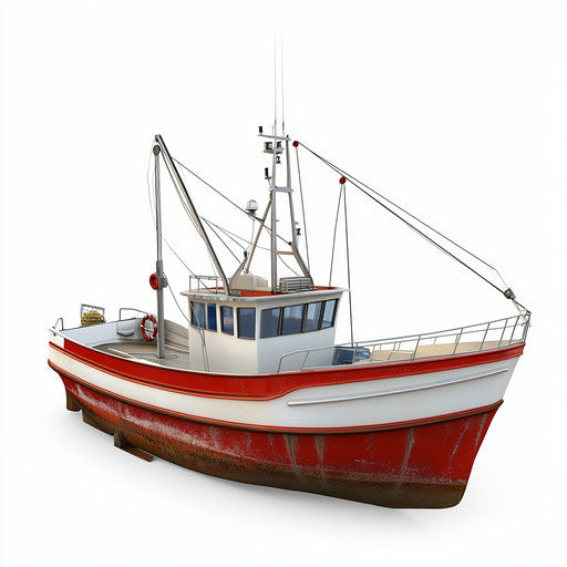 3D Fishing Boat on flat white background, isolated clipart