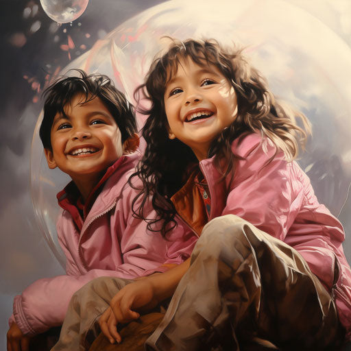 Images of top children photos, in the style of depictions of bad weather, dark beige and pink, cheerful and hopeful, photobashing, Indian pop culture, airbrush art, romanticized figures