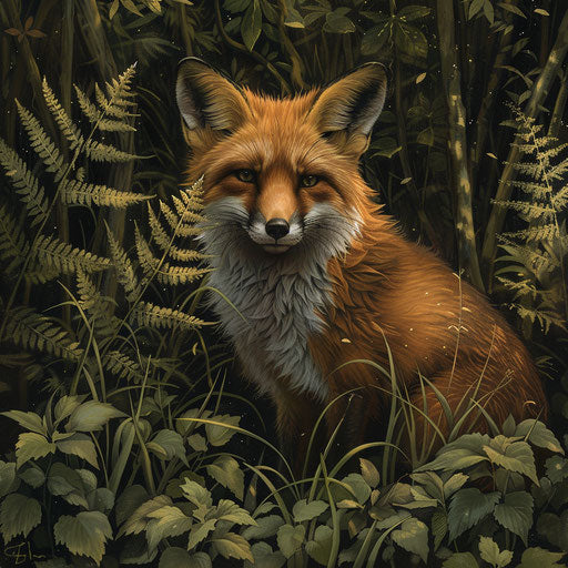 Red fox in a lush forest, vibrant and detailed, in the style of Aaron Blaise