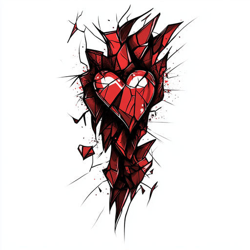 Heartless tattoo with shattered glass effect in dark red on pure white background