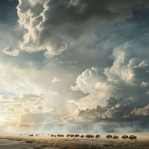 Herd of bison crossing vast plain under cloudy sky