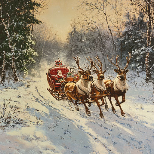 Santa's sleigh landing softly in a snowy meadow
