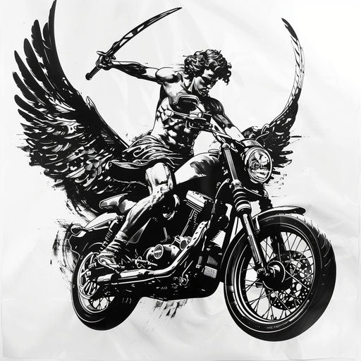 Archangel Michael on powerful motorcycle, black and gray realism