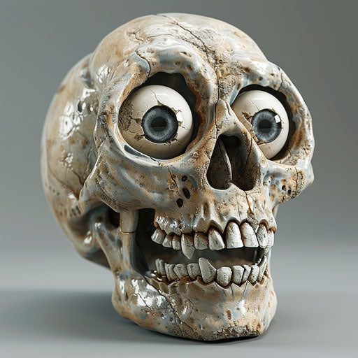 Spooky skull with eyes, animated gif style, whimsical humor
