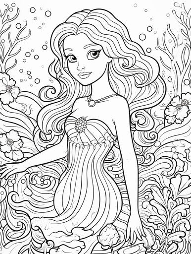 Little mermaid coloring page, lisa frank style, layered stencil work, animated gifs, toy, chalk, simplified line work, colorized 3:4