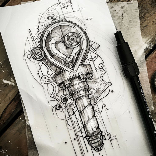 Flat tattoo sketch of a piston with a mechanical heart motif in steampunk style
