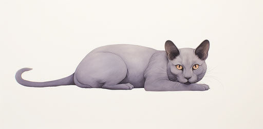Grey cat lying on side on white, light purple and light amber style