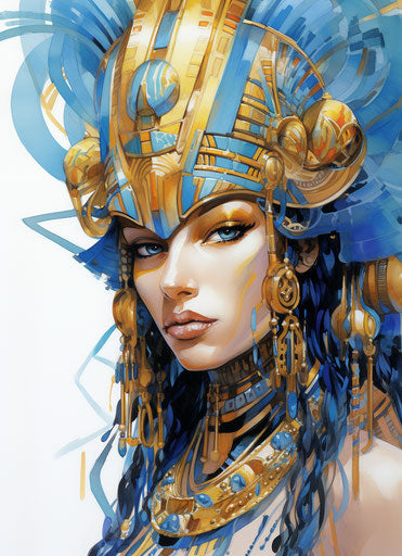 Head of Egyptian pharaoh in yellow and bright blue, opulent detail 55:76