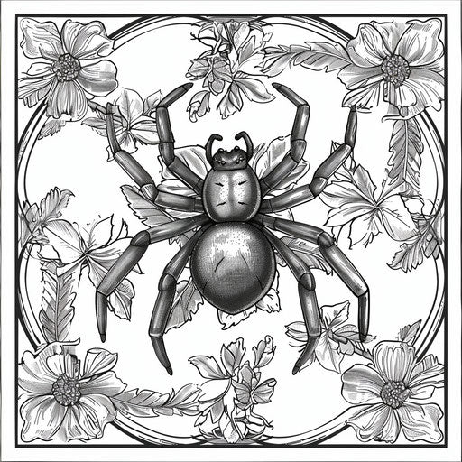 Black widow spider surrounded by vintage floral patterns in the style of a Mindy Sommers coloring book page