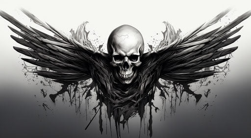 Skull with wings drawing in black and white, Uhd style, tattoo, metal, edgy