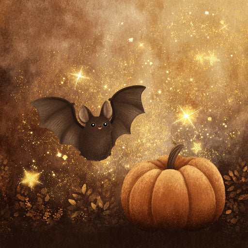A smiling bat flying among golden starry sparkles