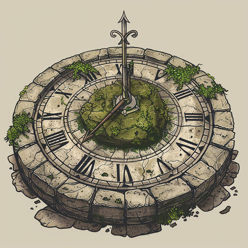 Antique stone sundial with mossy texture