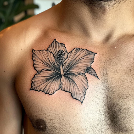 Hibiscus flower tattoo on a Pure White Background in the style of Guy Aitchison on a chest