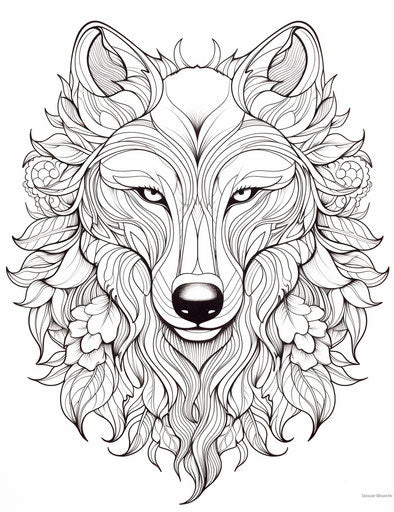Wolf coloring pages, flower and nature motifs style
