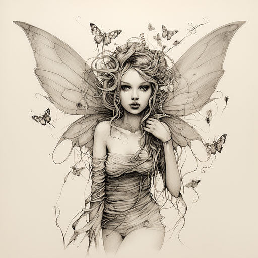 Fairy and wings on grey background, characterful pen and ink, bold, cartoonish, commission, beautiful!