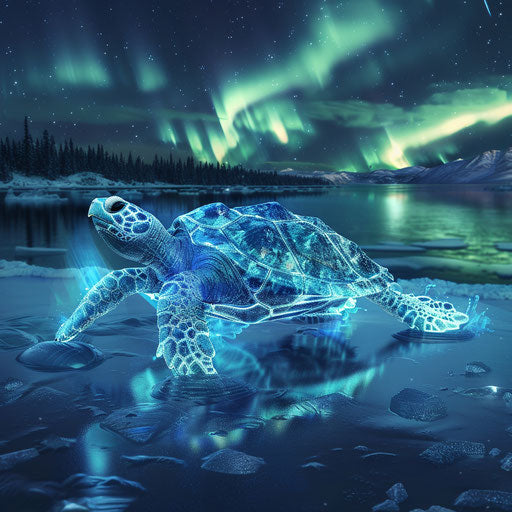 Ice turtle gliding under the northern lights