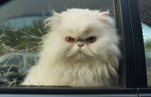 White persian cat in shattered car window, humble charm