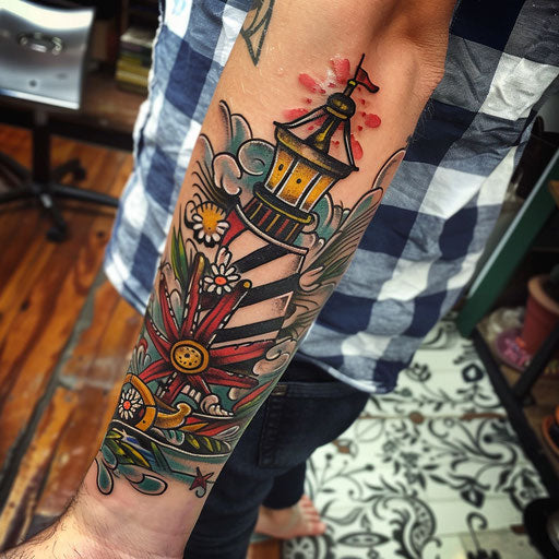 Men's forearm tattoo with nautical theme