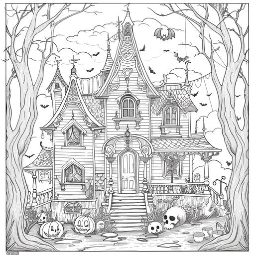 Whimsical haunted house with friendly monsters